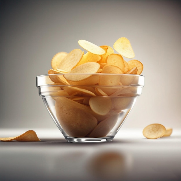 Patatas fritas en recipiente de vidrio aislado en blanco