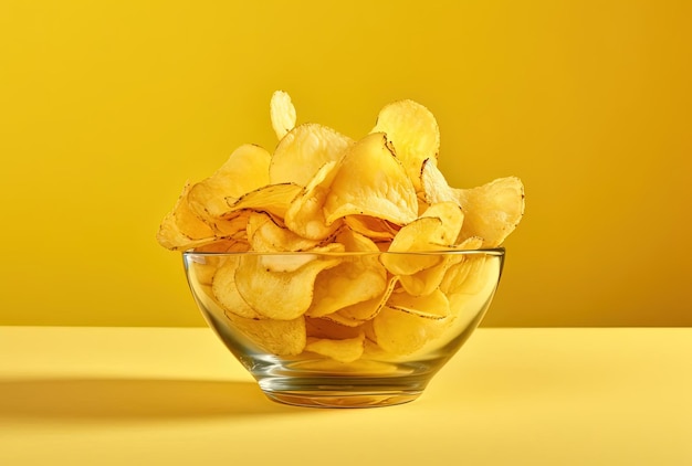 Patatas fritas en recipiente de vidrio sobre fondo amarillo