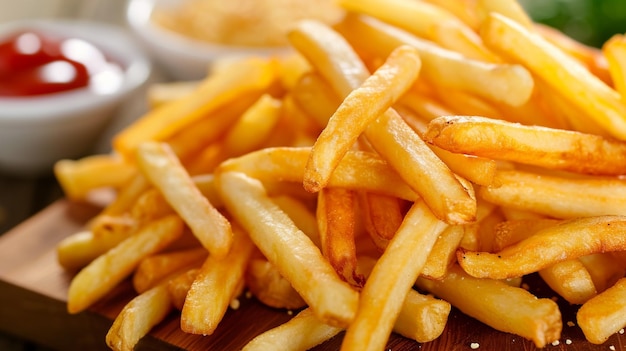 Patatas fritas saladas en un cuenco blanco en una bandeja de madera Ai Generative