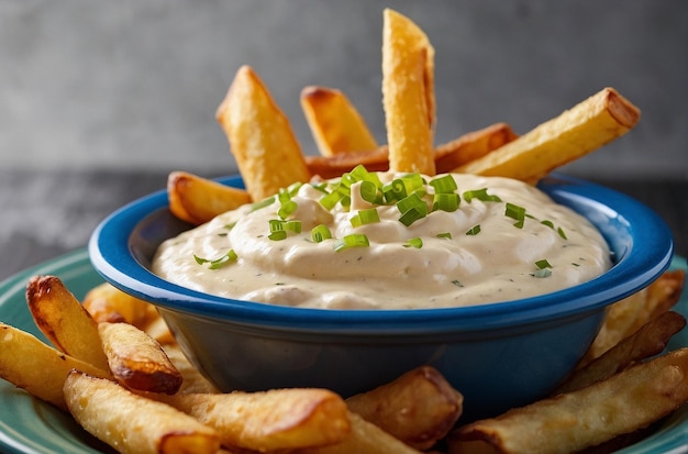 Foto patatas fritas con salsa de queso cremoso