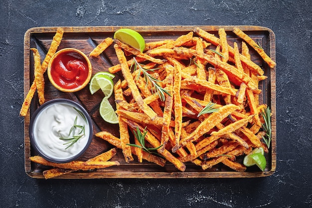 Patatas fritas con salsa de tomate y salsa de tomate sobre una tabla de madera grosera sobre una mesa de hormigón con limón y ramo de hierbas aromáticas