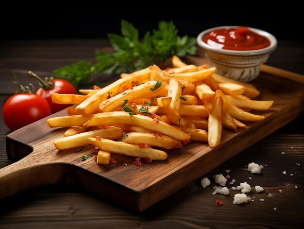 Patatas fritas con salsa de tomate en una tabla de madera