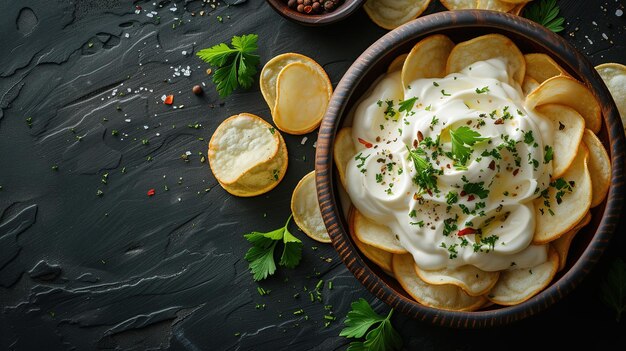 Foto patatas fritas con salsa y verduras sobre un fondo negro