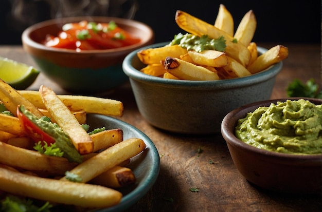 Patatas fritas servidas con un lado de guac