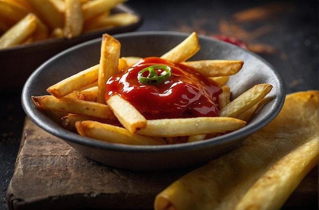 Patatas fritas servidas con un lado de salsa de chile dulce