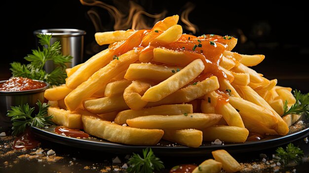 patatas fritas sobre mesa de madera sobre fondo negro con luz cinematográfica