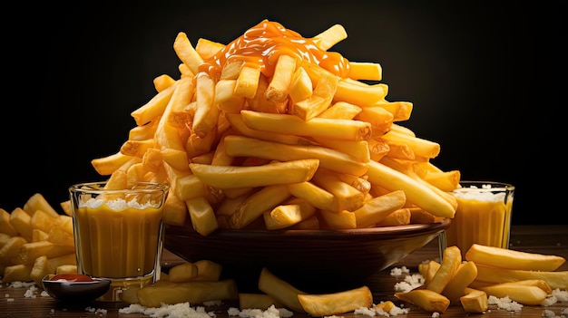 patatas fritas sobre mesa de madera sobre fondo negro con luz cinematográfica