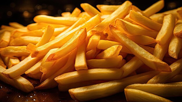 patatas fritas sobre mesa de madera sobre fondo negro con luz cinematográfica