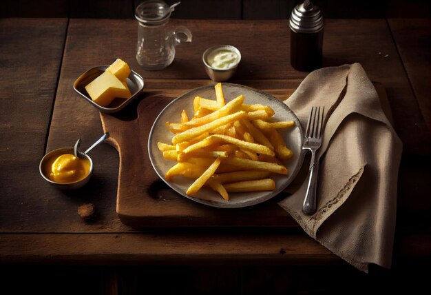 Patatas fritas en una vieja mesa de madera IA generativa