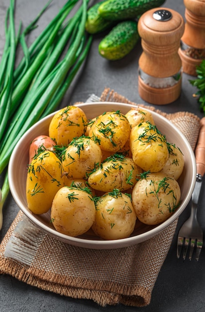 Patatas hervidas con eneldo y mantequilla en primer plano sobre un fondo oscuro