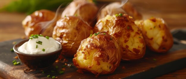 Foto patatas horneadas calientes al vapor recién salidas del horno su exterior dorado crujiente en contraste con el interior suave y esponjoso listo para ser cubierto con varios ingredientes deliciosos