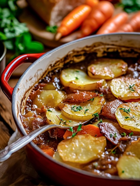 Foto patatas horneadas directamente desde el horno en capas con rebanadas crujientes doradas y adornadas con hierbas frescas aromáticas presentadas en un plato clásico de barro