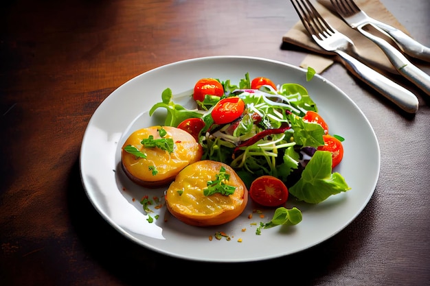 Patatas jóvenes saludables al horno con ensalada