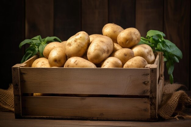 Patatas nuevas en una caja de madera sobre el fondo del suelo