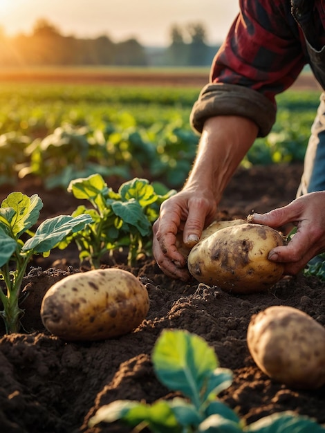 Patatas orgánicas frescas en la granja en el campo recogiendo patatas del suelo