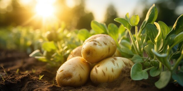 Patatas orgánicas de primer plano en el campo productos ecológicos IA generativa