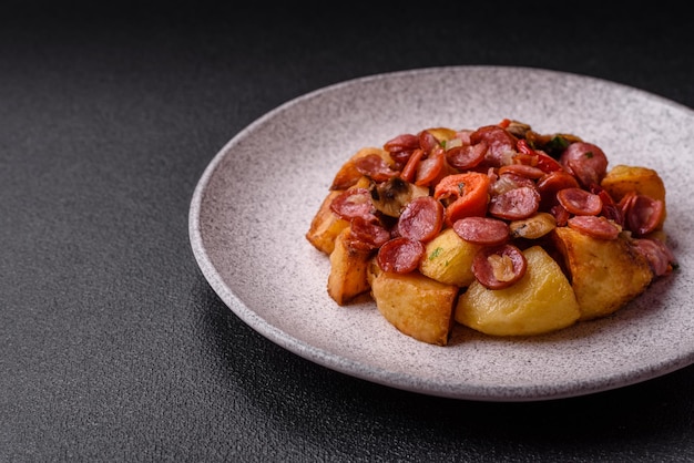 Patatas a la parrilla cortadas en rebanadas con salchichas de caza con cebolla de ajo