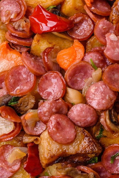 Patatas a la parrilla cortadas en rebanadas con salchichas de caza con cebolla de ajo