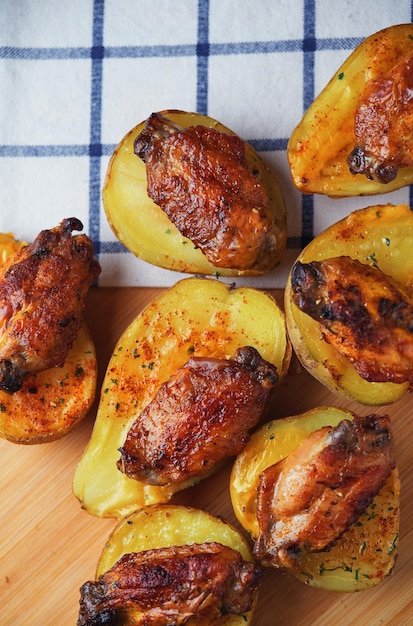 Patatas de pollo sobre una tabla de madera con un paño a cuadros azul y blanco.