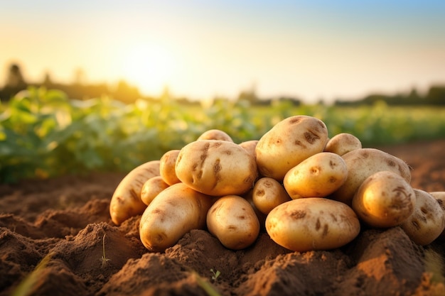 Patatas recién excavadas en un campo al atardecer Primer plano Patatas recién cosechadas en el campo de un granjero productos orgánicos saludables generados por IA