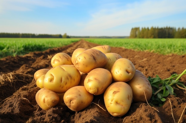 Patatas recién excavadas en el campo Enfoque selectivo Patatas recién cosechadas en el campo de agricultores Productos orgánicos saludables AI generado