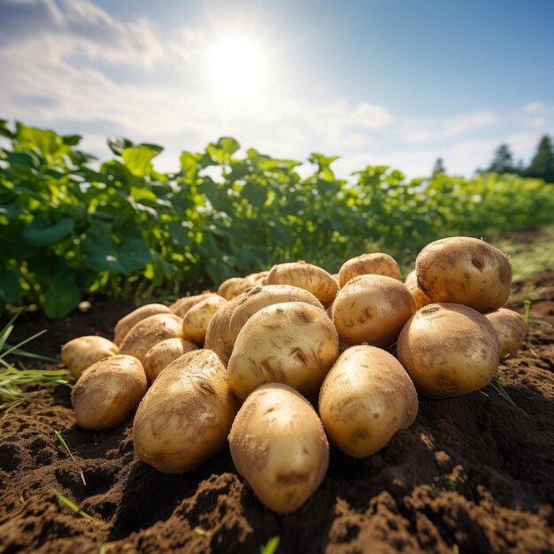 Patatas recién recogidas en el campo en un hermoso día soleado