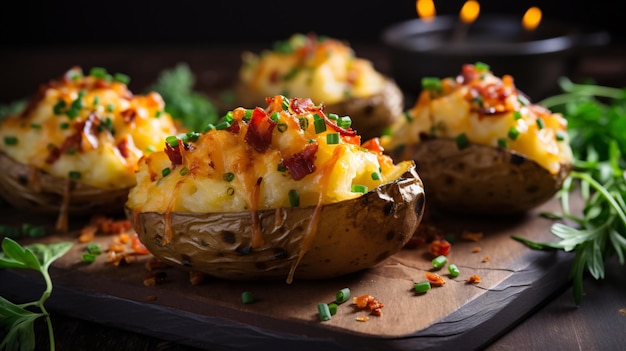 Patatas rellenas al horno con queso y tocino.