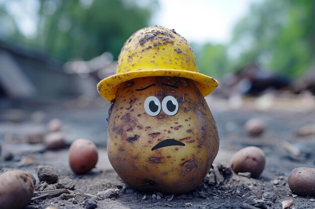 Patatas con un sombrero amarillo y una cara sonriente triste