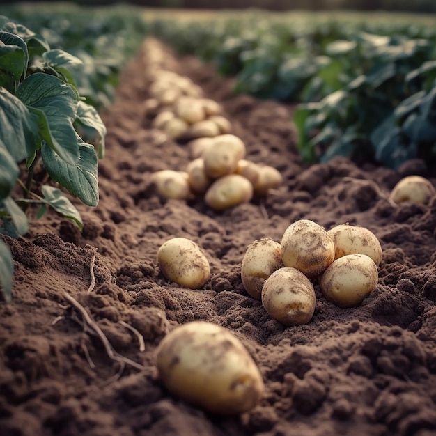 Patatas en el suelo en un campo