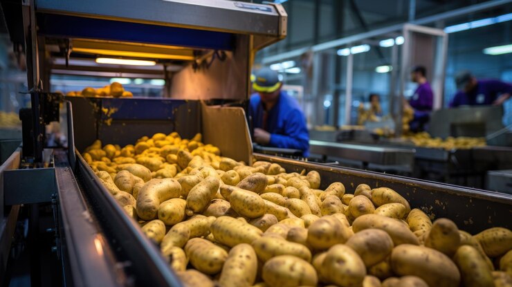 Las patatas se transfieren al recipiente a través de un transportador de patatas de primer plano