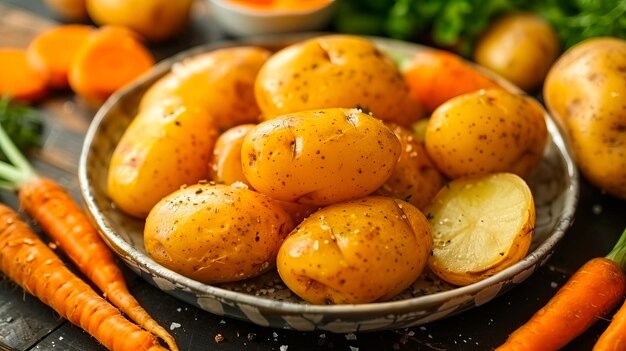 Foto patatas y zanahorias en un cuenco en una mesa de madera