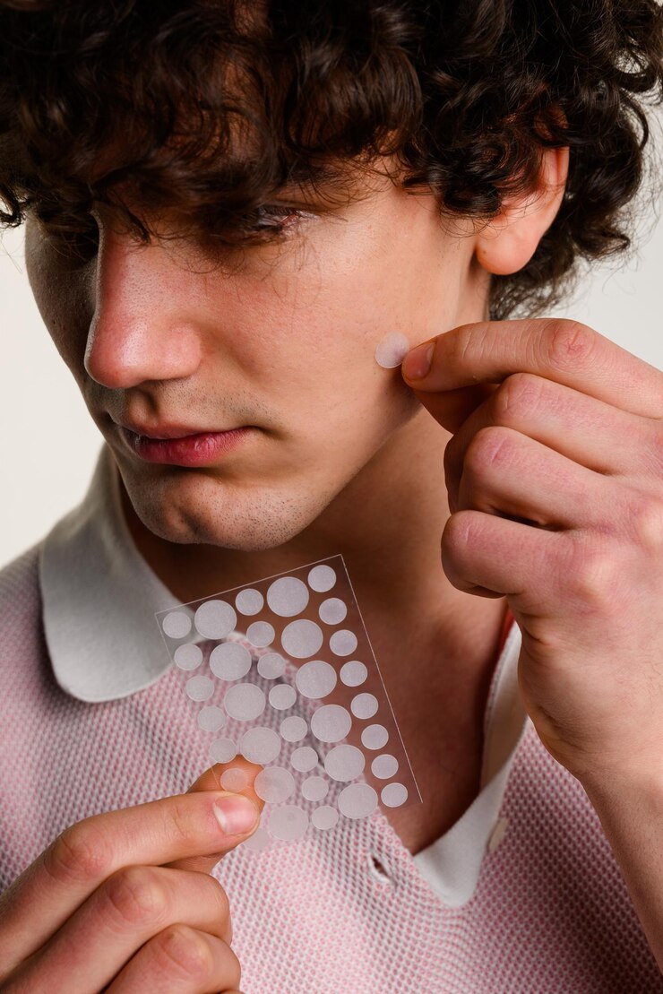 Foto patches de acne dermatológicos ou adesivos para absorver o excesso de fluidos da espinha lidar rapidamente com as espinhas sem apertar o homem está aplicando o patch de espinha de acne no rosto para curar de espinhas