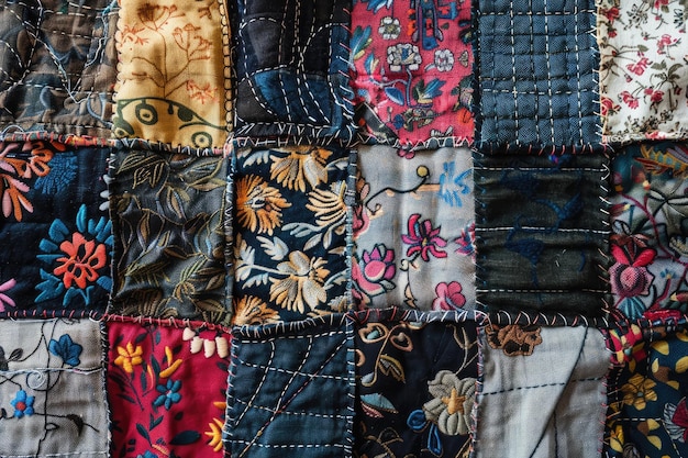 Patchwork colorido de pedaços de tecido vintage costurados juntos