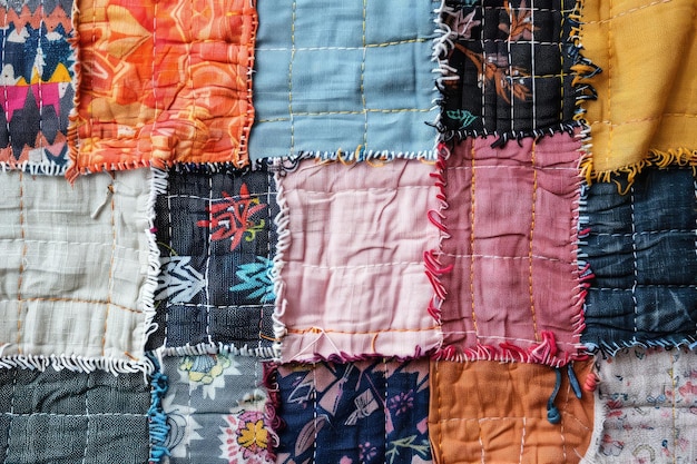 Patchwork colorido de vários pedaços de tecido vintage costurados juntos