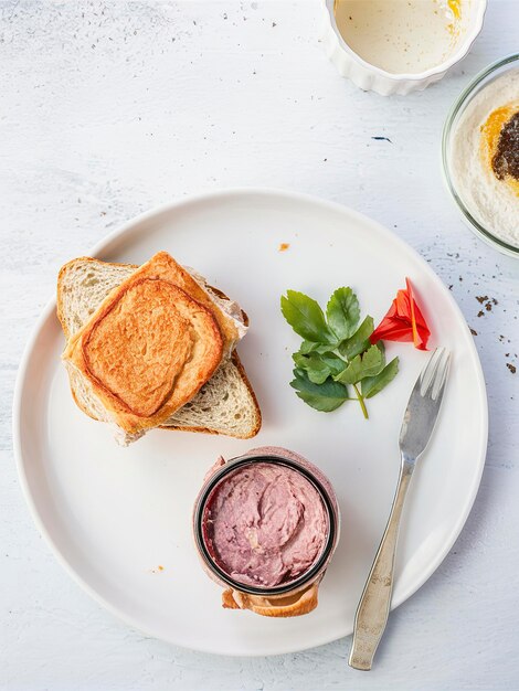 Paté de carne al horno en frasco y en pan sándwich delicioso