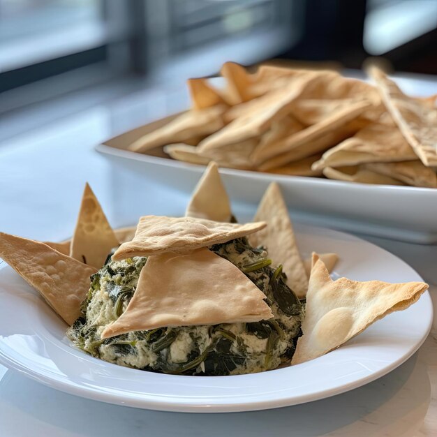 Paté de espinaca y papas fritas de tortilla en un plato en un restaurante