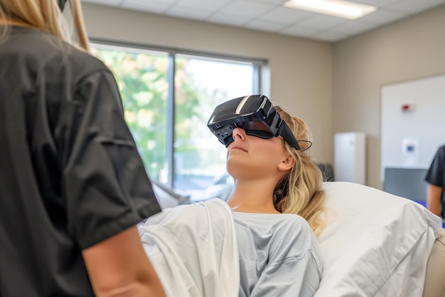 Patient liegt auf einem Krankenbett und trägt ein AR-Headset, das von einem medizinischen Fachmann für Traini geleitet wird