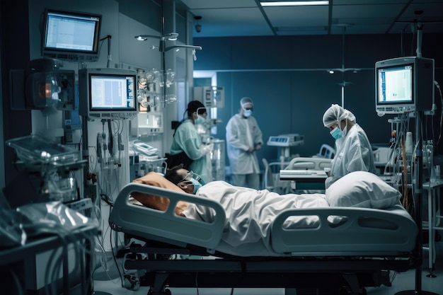 Patient liegt in einem Krankenhausbett, umgeben von medizinischen Geräten und überwacht die generative KI