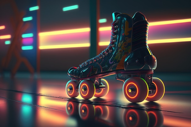 Patín generativo AI Roller en estilo cyberpunk disco nostálgico 80s 90s Luces nocturnas de neón vibrantes