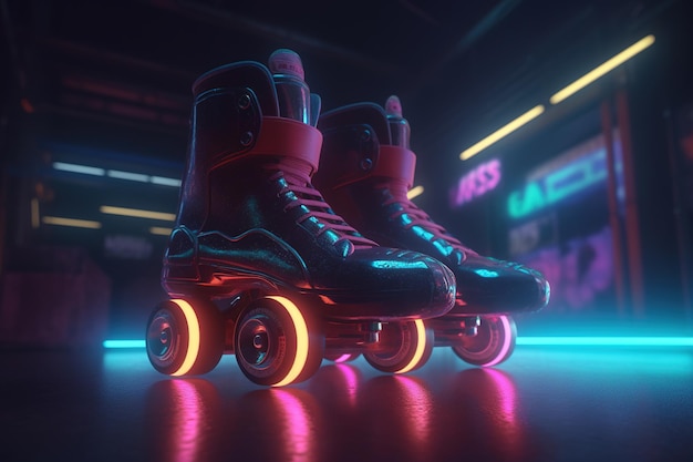 Patín generativo AI Roller en estilo cyberpunk disco nostálgico 80s 90s Luces nocturnas de neón vibrantes