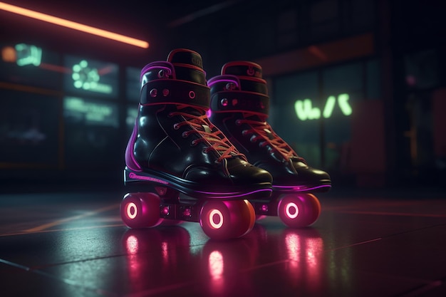 Patín generativo AI Roller en estilo cyberpunk disco nostálgico 80s 90s Luces nocturnas de neón