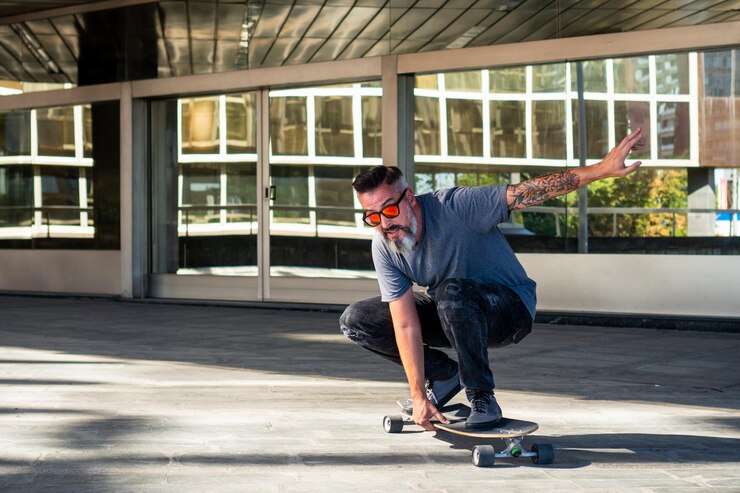 Foto patinador a andar de skate patinador com barba e tatuagem