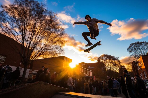 Foto un patinador está haciendo un truco frente a una multitud de personas