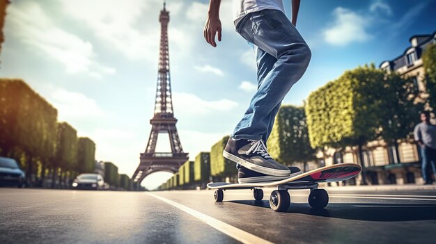 Un patinador navega cerca de la Torre Eiffel en París, Francia, encarnando la vibrante escena deportiva callejera de la ciudad con la arquitectura icónica en el fondo.