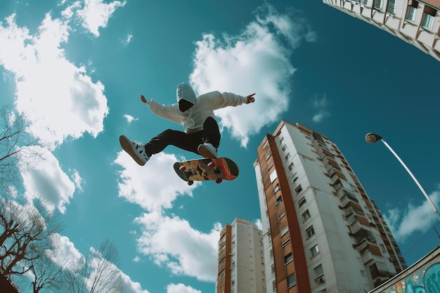 Un patinador profesional realiza un salto espectacular en un patio de recreo urbano