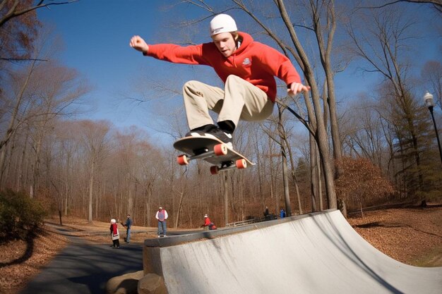 Foto un patinador con una sudadera roja está haciendo un truco