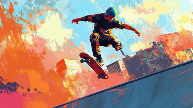 Patinador urbano en un truco aéreo dinámico sobre una rampa en el telón de fondo de una ciudad vibrante