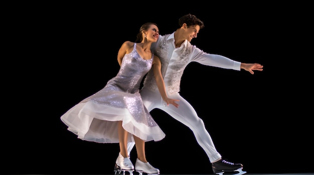 Patinadores artísticos realizando un levantamiento en una rutina de patinaje en pareja