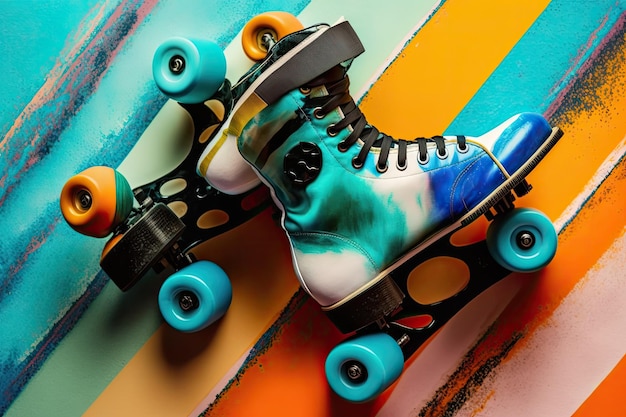 Foto patines cuádruples de moda sobre un fondo colorido visto desde arriba