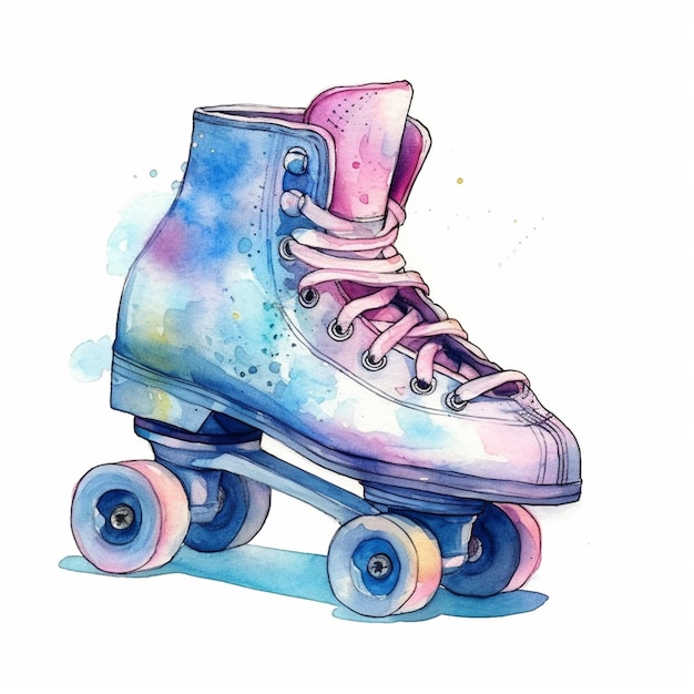 una patineta de colores brillantes con un par de rodillos rosados y azules ai generativo